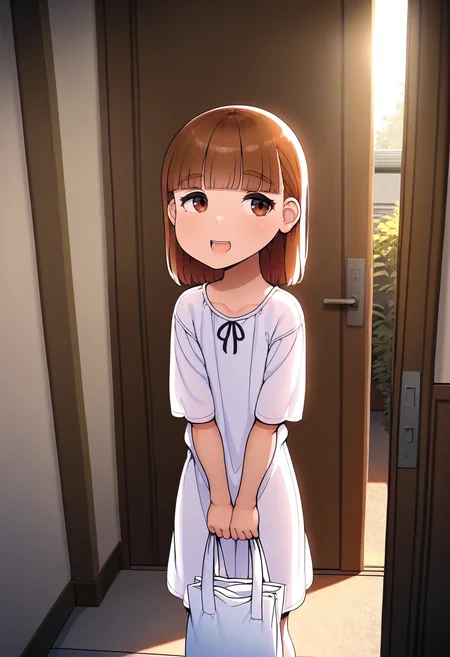 masterpiece, best quality, amazing quality, very aesthetic, absurdres, newest, scenery, volumetric lighting, perfect eyes, ultra detailed,
1girl, child, slender, straight bangs, brown hair, brown eyes, eyebrows,
white dress, tiny ribbon, 
smile, standing, open mouth, holding bag, hands in front,
indoors, house entrance, window, daytime, daylight,
<lora:Abubu_-_Style_LoRA__Illustrious:1.5>
masterpiece, best quality, amazing quality, very aesthetic, absurdres, newest, scenery, volumetric lighting, perfect eyes, ultra detailed,