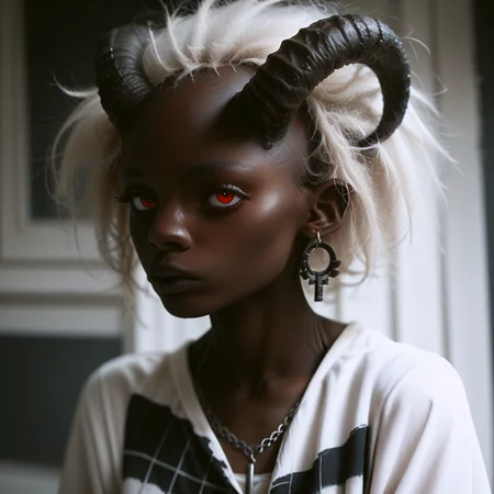 score_9_up, score_8_up, score_7_up,
1girl, solo, <lora:bdemonpony011:1>, colored skin, pale skin, black skin, black hands, black feet, red eyes, black iris, monster girl, skinny, slim, horns, white hair,
chain necklace, cross necklace, bracelets, white shirt and plaid skirt,
indoors, dark black room, music decorations, 80's punk style, solo, <lora:Skin Color_alpha1.0_rank4_noxattn_250steps:2.0>