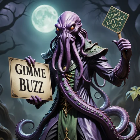 Cthulhu man holding sign that says "gimme buzz"  <lora:texta:0.9>,  eldritch horror, spooky, purple tentacle monster, slimey skin, (anime, masterpiece, intricate:1.3), (best quality, hires textures, high detail:1.2), (4k),(incredibly detailed:1.4),UHD, 8K, ultra detailed