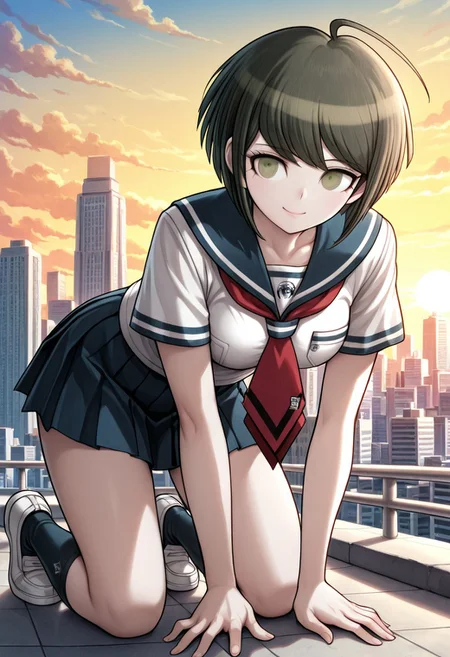 score_9, score_8_up, score_7_up, score_6_up, high resolution, gorgeous, absurdres, best quality, anime screencap, source_anime, official art, 1girl, Komaru Naegi, brown hair, short hair, ahoge, green eyes, large breasts, serafuku, white shirt, blue sailor collar, red necktie, blue skirt, pleated skirt, short sleeves, black kneesocks, white shoes, smile, confident, outdoors, city, daylight, cute pose, solo