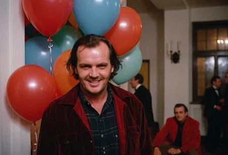 Shin1ng, Jack Torrance, man, creepy evil smile, ballroom, party, people, balloons, Overlook Hotel, indoors, (stylish grainy 35mm analog film photo)