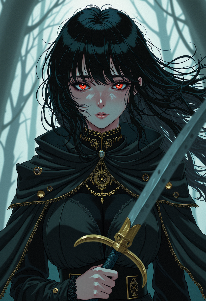 Close-Up View, Horror-Tinged Dark Fantasy Style, Witchbound maiden with obsidian-black hair and wind-tousled bangs, standing amidst swirling voidlight as if conjuring ancient secrets from the very fabric of reality. She wears a tattered cloak embroidered with symbols of blighted faith, its hem fluttering in the breeze carrying the scent of decay. Her eyes burn with an otherworldly intensity, surrounded by crescent-shaped scars that seem to shimmer with a faint, malevolent glow. In one hand, she grasps the hilt of a sword whose blade appears to be crafted from the very essence of time itself, shattered by el, modernretroanime