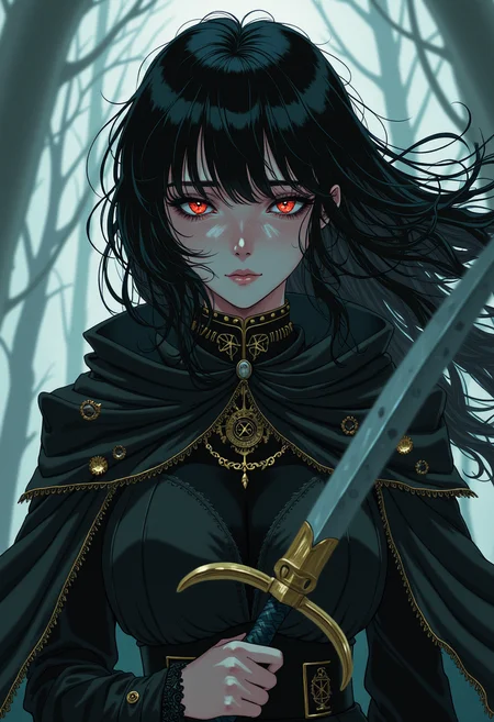 Close-Up View, Horror-Tinged Dark Fantasy Style, Witchbound maiden with obsidian-black hair and wind-tousled bangs, standing amidst swirling voidlight as if conjuring ancient secrets from the very fabric of reality. She wears a tattered cloak embroidered with symbols of blighted faith, its hem fluttering in the breeze carrying the scent of decay. Her eyes burn with an otherworldly intensity, surrounded by crescent-shaped scars that seem to shimmer with a faint, malevolent glow. In one hand, she grasps the hilt of a sword whose blade appears to be crafted from the very essence of time itself, shattered by el, modernretroanime