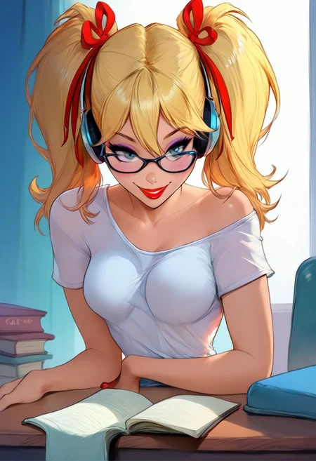 score_9, score_8_up, score_7_up,score_6_up, rating_safe, csr style, 1girl, cabinet, desk, window, (((view from front))), cute pose, sexy pose, (((thoughtful smile))), (at full height), at the desk, ((studying)),
BREAK
flirty, mischief, naughty, inviting, blushing,
MandyDY, 1girl, blonde hair, (((twintails))), (blue eyes), white T-shirt, makeup, lipstick, eyeliner
petite girl, medium breasts, flat tummy, thin hips, curvy legs, heart-shaped ass, eyeshadow, eyeliner, (red lipstick), blush, ((eyeglasses)), ((headphones)),
sexy pose, cute pose, indoors, day time,