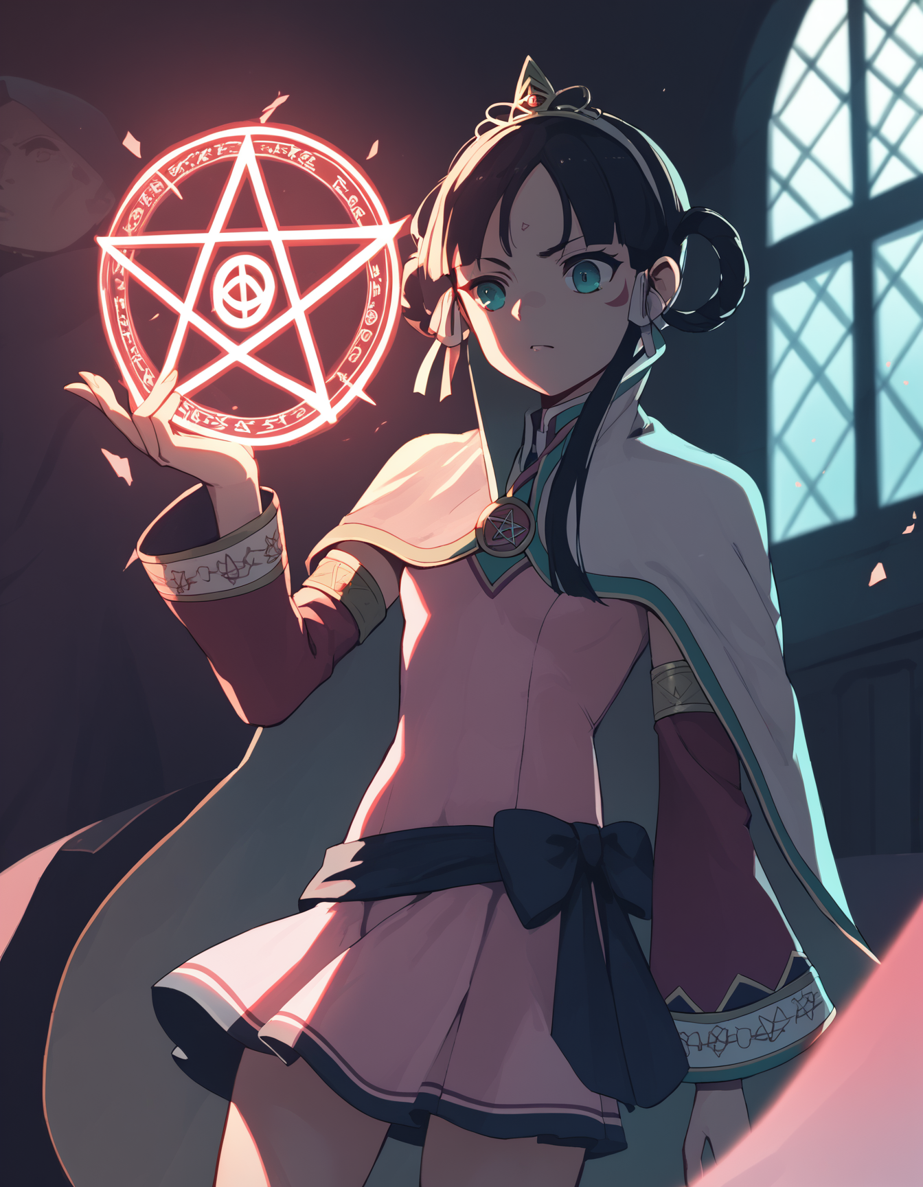 score_9,  score_8_up, score_7_up, source_anime <lora:rayfa-ponyxl-000017:1> rayfa, tiara, cape, short dress, pink dress, detached sleeves,
1girl, summoning, pentagram, dim lighting, indoors