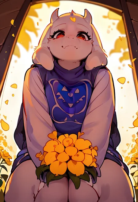 Vivid art style, outline, score_9, score_8_up, score_7_up, source_anime, hi res, masterpiece, extremely detailed, best quality, highres, Lico_PS, very beautiful, cute, toriel, focus on hand, backlighting:1.2, yellow flowers, (white fur), ((fluffy face:0.8)), serene, (((close up:1))), (perfect eyes:1), red eyes, smile, from below, leaning over, lifting arm, hands on knees, out of focus background,