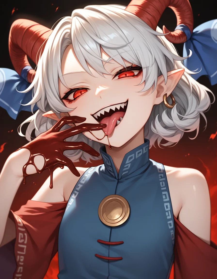 1girl,solo,toutetsu yuuma,white hair,blue dress, red sleeves, bare shoulders,oil,(sharp teeth:0.4),upper body, from below,naughty face, evil smile,black petroleum on hand,hell, licking finger, <lora:toutetsuLocon:0.9>, source_anime, score_9, score_8_up, score_7_up, highly detailed, clear line