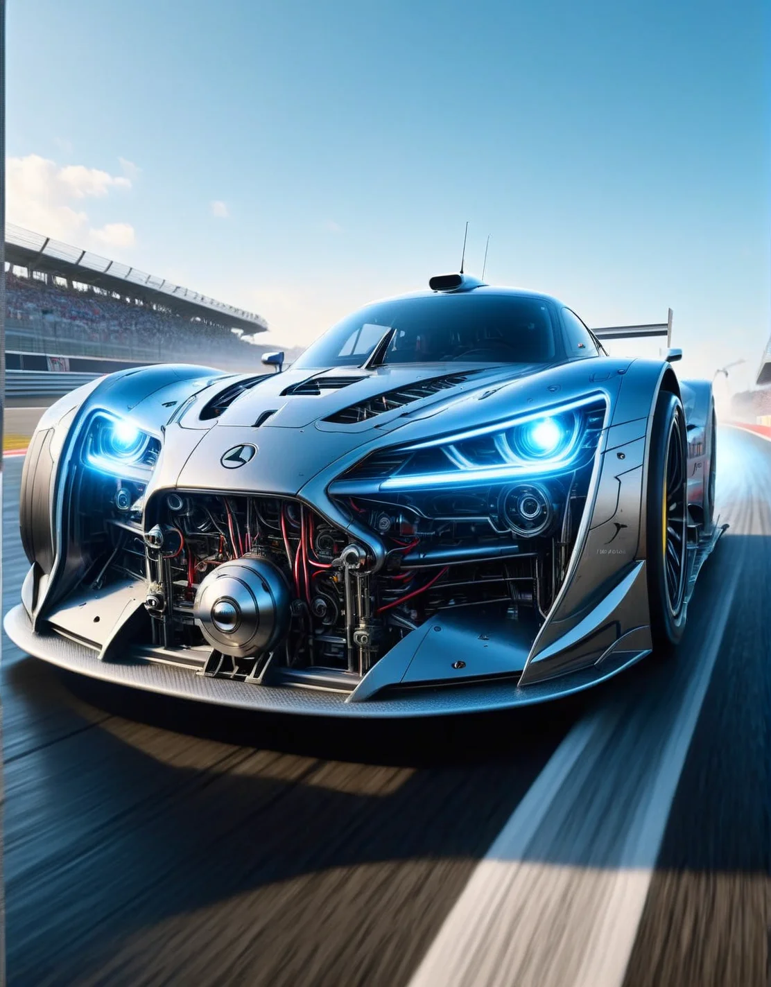 A ais-rbts racecar, speeding down a futuristic track, sparks flying from its wheels. <lora:ais-rbts-sdxl:1>, masterpiece, uhd, 4k