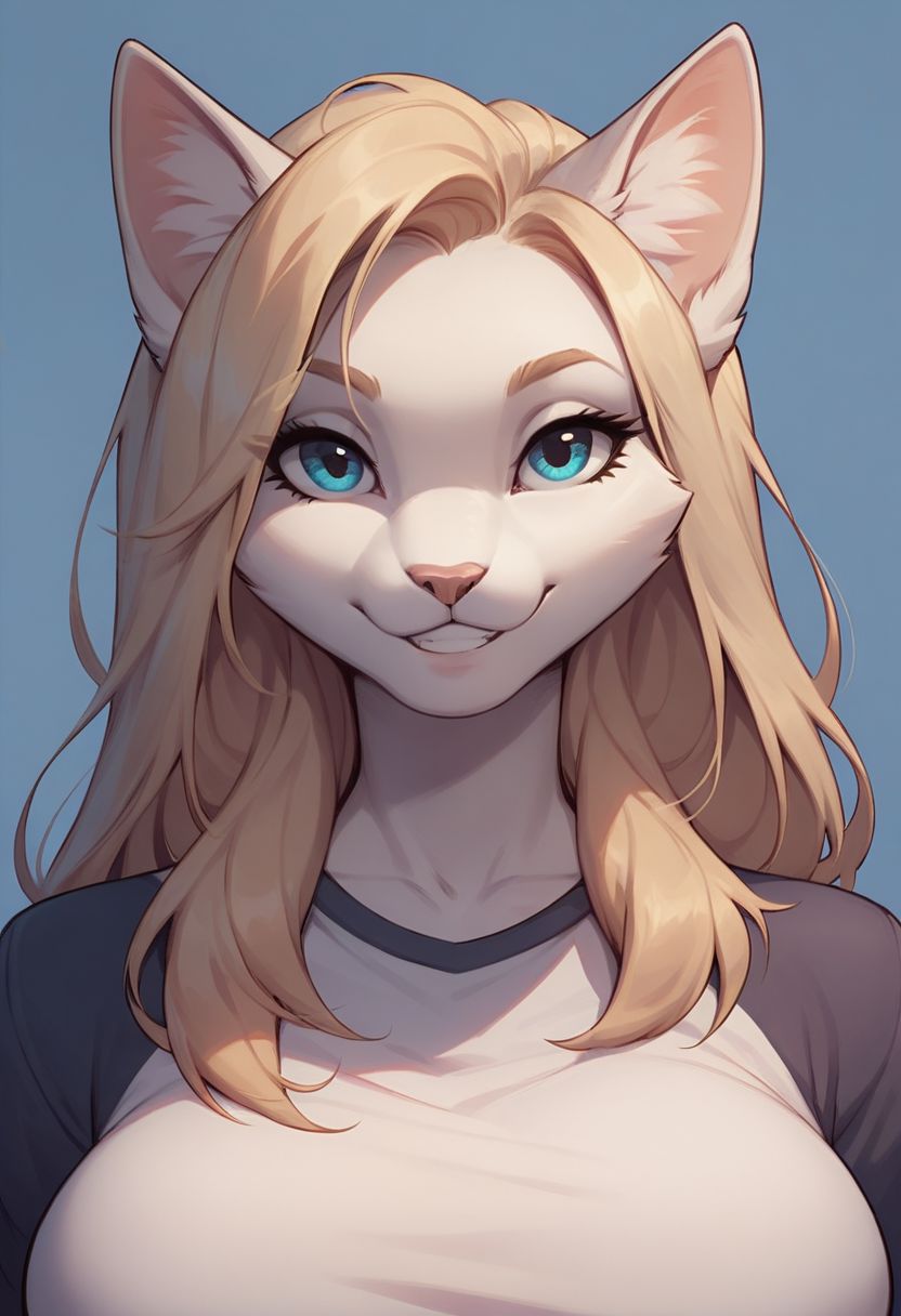 score_9, score_8_up, score_8, 1girl, smooth, blonde hair, white fur, anthro cat, eyes, large breasts highly detailed,  perfect, high quality, high definition, shirt, face, up close face, looking at viewer, smiling, close up, face focus,