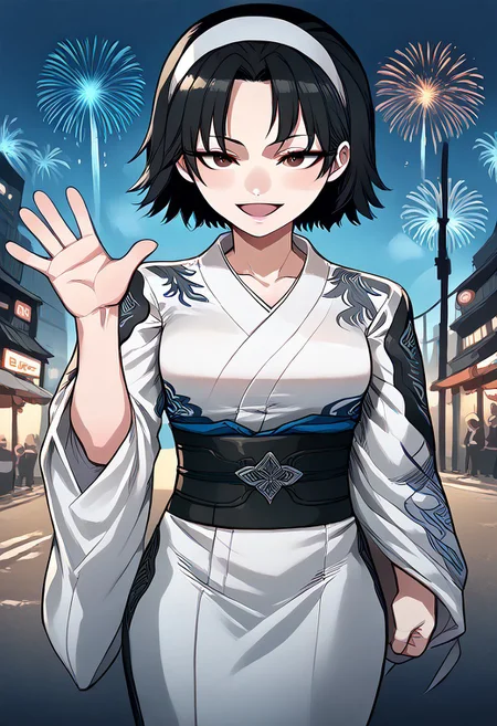 score_9, score_8_up, score_7_up, score_9, score_8_up, score_7_up,Masterpiece,HD,(((HD quality))), (((ultra quality))), hyper ultra detailed, hyper ultra quality, chibi,
street background,technology street,futuristic background,fireworks,
1girl, smile, open mouth, blushing cheeks,
waving hand, waving hand,open eyes,
perfect hands, 5 fingers,
BREAK
jun kazama, jun kazama \(tekken\), belt,
short hair, black hair,
hairband, black brown eyes,
kimono, white kimono,