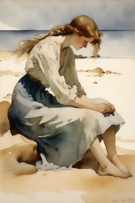 <lora:Winslow Homer Style:1>Winslow Homer Style - exhausted female on beach style of William Russell Flint