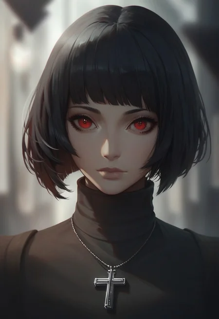 score_9, score_8_up, score_7_up, SLVTK, 1girl, solo, short hair, black hair, jewelry, looking at viewer, necklace, cross, portrait, bangs, red eyes, closed mouth, turtleneck, blurry background, cross necklace, lips, piercing, blurry, bob cut, eyelashes
