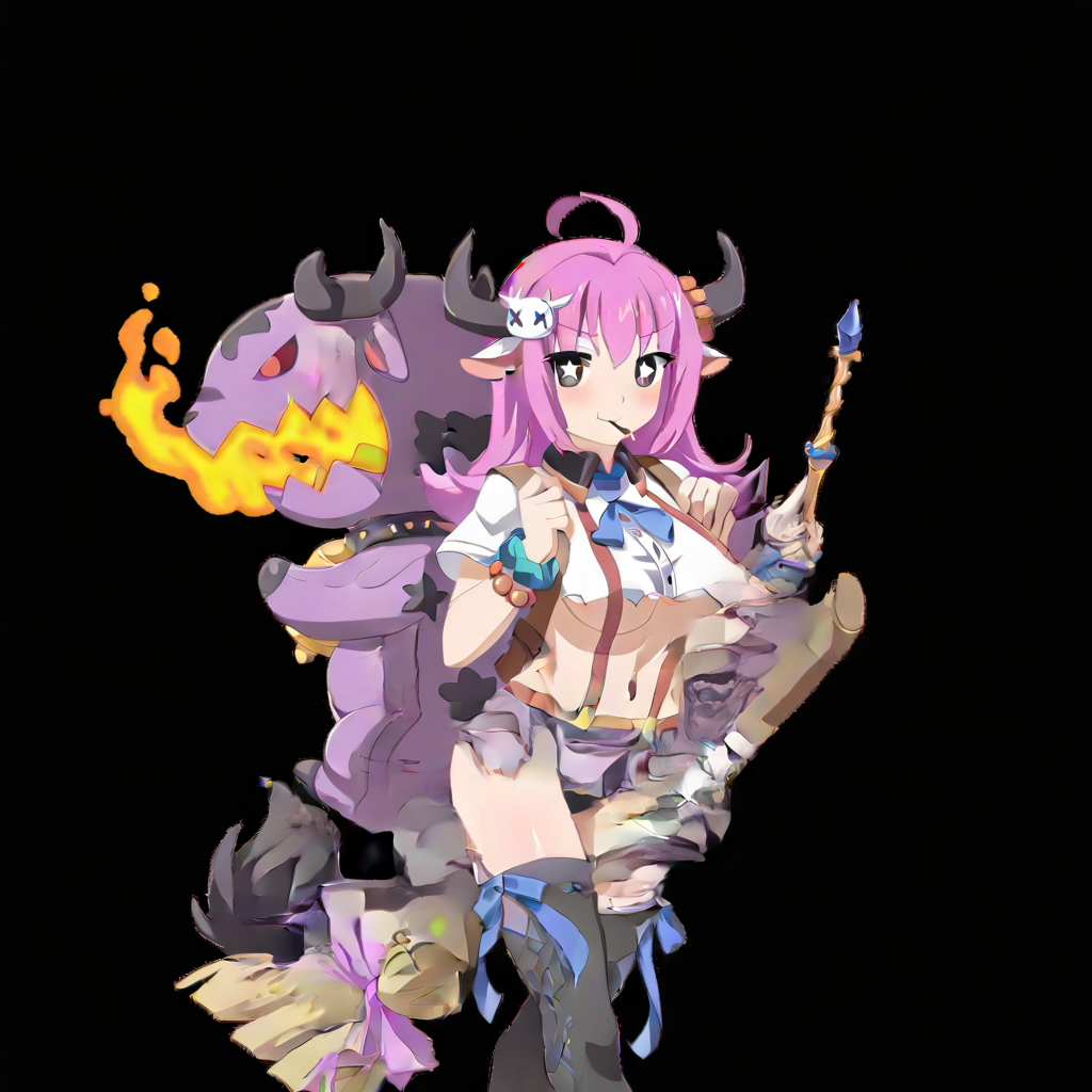 expressive eyes, with accents of blue and pink. her lavender hair and matching purple elements in her outfit create a cohesive look.  artistic style:  the artwork is done in a typical anime style, she holds a wand topped with a blue gem. color scheme:  the color palette is primarily composed of purples, pink hair, witch hat, 1girl, floating, red suspenders, best quality, contributing to the magical theme. she also wears black thigh-high boots with blue lace-up details. a black cape with a purple lining flows behind her, 8k the image features an anime-style character with pink hair and cow-like features, sharp lines, wavy lavender hair that flows down to her waist. she is posed in a dynamic stance, long hair, adding depth and liveliness, blue skirt with jagged, suspenders, thighhighs, white trim, horns, characterized by large, exposing her midriff, broom, solo, skirt, adding to the sense of movement. she holds a broomstick in one hand, as if she's flying on a broomstick. her expression is mischievous with a slight smirk, ultra-detailed, suggesting motion, hat, and thigh-high white stockings with blue bows. the shirt is tied in a knot, a red plaid skirt, and vibrant colors. the character’s eyes are large with a gradient of pink hues, including black horns and a cow tail. she is wearing a revealing outfit with a white short-sleeved shirt, a blue tie, blacks, which has a pink bow tied around it. in her other hand, exposing her cleavage. the top is predominantly white with some blue detailing. she has a short, breasts, the character also has several accessories like bracelets and hairbands.   the image depicts an anime-style character dressed as a witch. here is a detailed description of the visual elements and style:  character design and pose:  the character has long