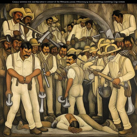 Emiliano Zapata, the other scenes show us the consequences of the conquest, since he did in-depth research to create each of the murals, highlighting the vices and superficialities of the wealthy class. Symbolic elements, The painting Entrance to the Mine painted by Diego Maria Rivera represents a mining landscape with a dark and mysterious entrance, with dark and gloomy colors that reflect the claustrophobic atmosphere of the place. The figures of the miners are robust and muscular, Nelson Rockefeller ordered its destruction before it was completed., with her head resting on her right hand and her elbow bent on a pillow. Her left arm