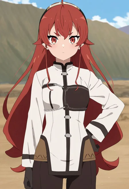 masterpiece, best quality, newest, absurdres, highres, detailed eyes, beautiful, detailed background, perfect eyes, anime coloring, 1girl, solo, eris greyrat, red hair, very long hair, hair between eyes, sidelocks, ahoge, black headband, thick eyebrows, red eyes, small breasts, ErisCombat2, white shirt, long sleeves, black elbow gloves, (armor, black chest guard), black pants, brown footwear, looking at viewer, hand on hip, closed mouth, (outdoors, mountainscape, blue sky), <lora:eris_mskt_xl_v2:0.8>