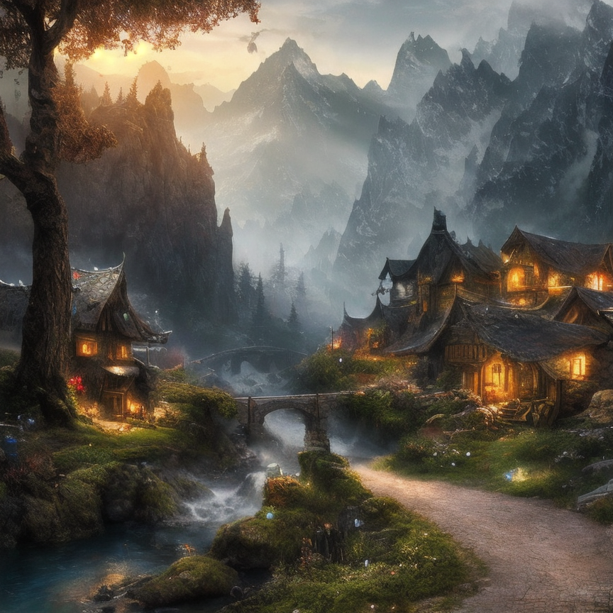 (masterpiece:1.2), (best quality,:1.2), 8k, HDR, ultra detailed, ((photorealistic)), professional light, cinematic lighting, fashion photography, ambient lighting, fantasy, background, a small settlement in the mountains with a waterfall and a bridge,  <lora:detail_slider_v4:1>, FanLan, <lora:FantasyLandscape-10:0.7>, epiCPhoto,