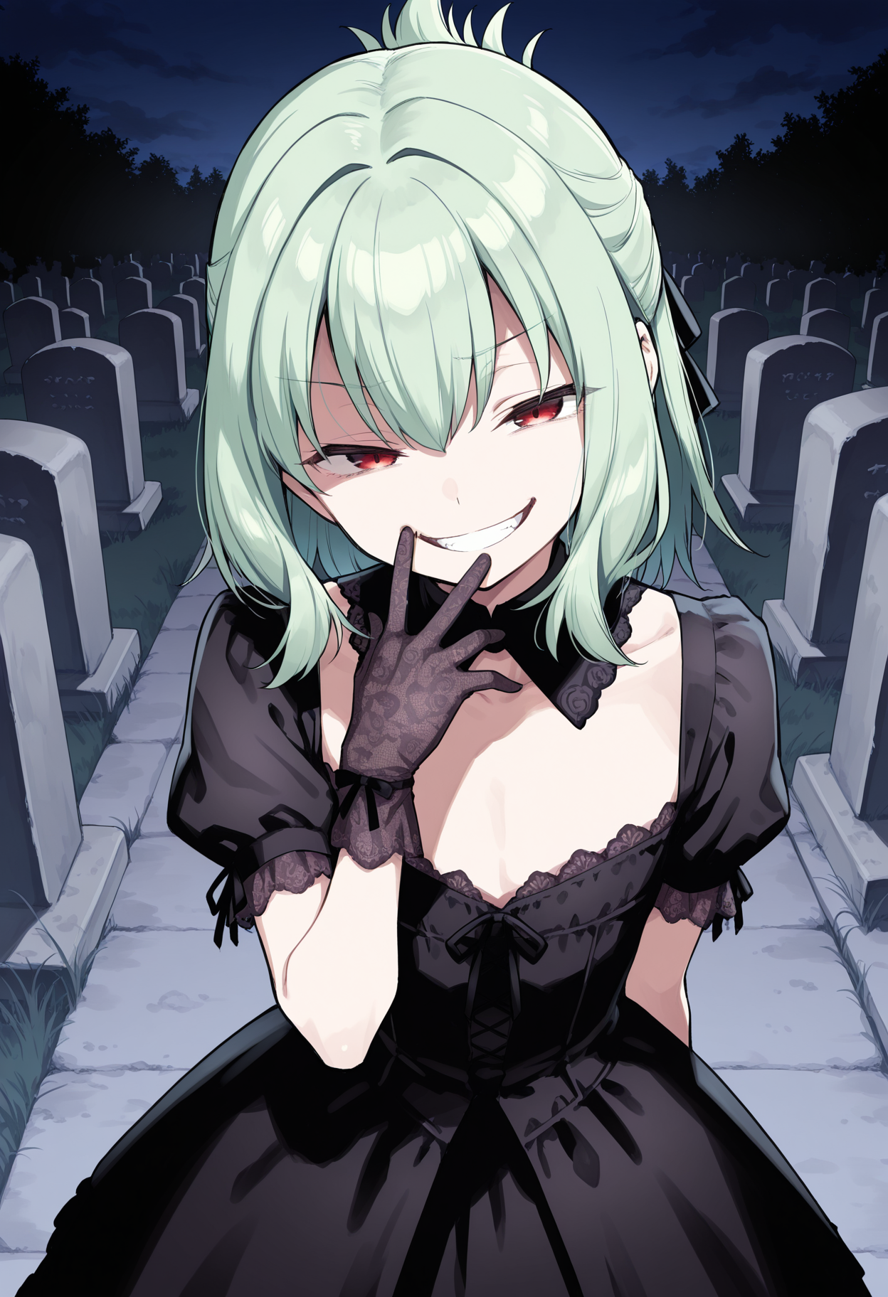 <lora:otoritanillustr:1>, 1boy, trap, side locks, medium hair, light green hair, red eyes, otoritan1, flat chest,
solo, night, graveyard, evil smile, looking at viewer,
Gothic dress, ruffles, lace, lace gloves,
masterpiece,best quality,amazing quality,