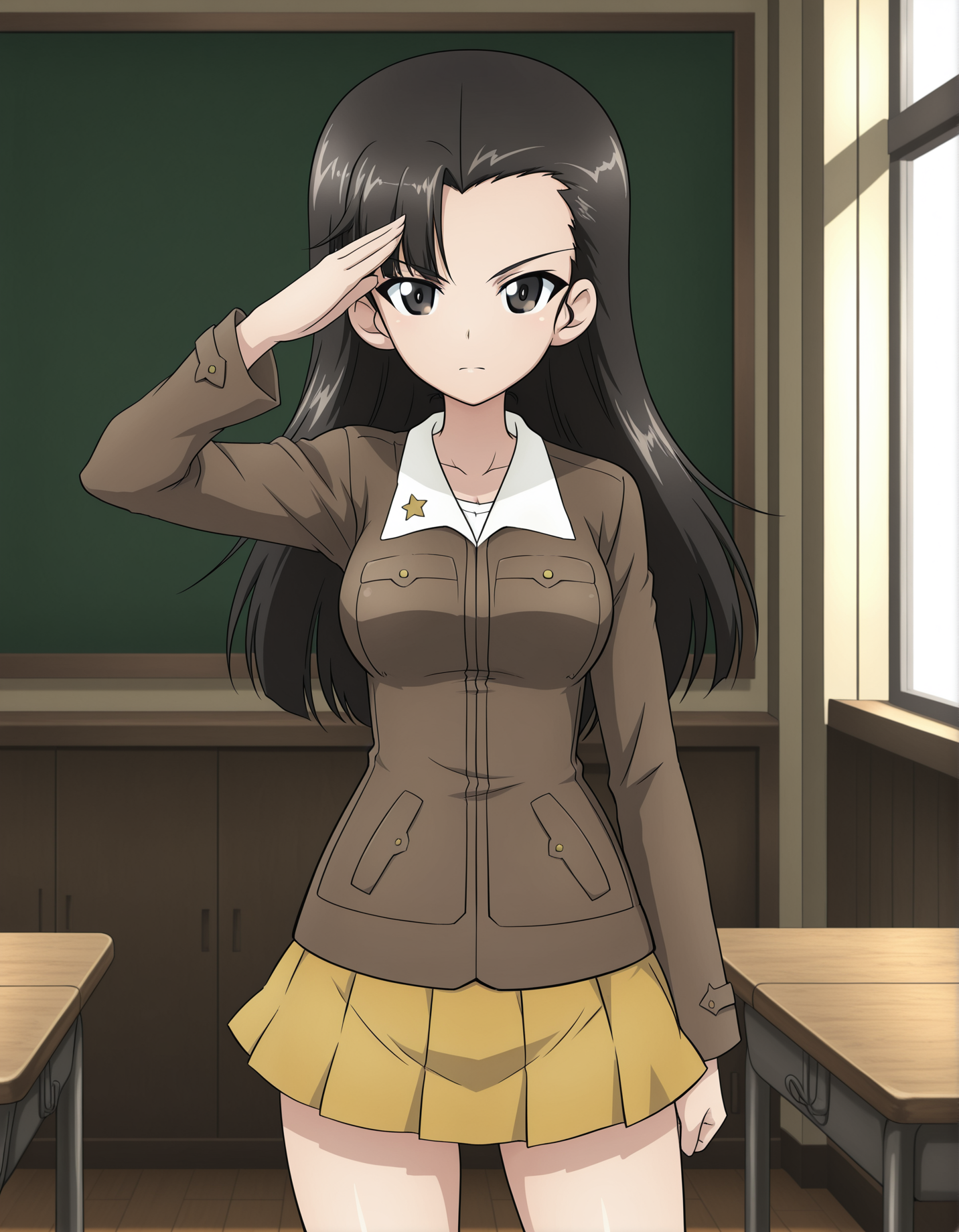 masterpiece, best quality, absurdres, highres, <lora:nishi kinuyo illu:1> nishiillu, chi-hatan military uniform, brown jacket, long sleeves, yellow skirt, standing, looking at viewer, classroom, serious, salute, girls und panzer, anime screenshot,