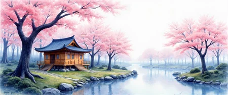 Delicate watercolor scene of a traditional Japanese tea house nestled amidst cherry blossom trees, their petals creating soft pink clouds that bleed gently into a misty spring sky. Translucent layers of indigo and cerulean wash across the background, creating luminous depth through wet-on-wet technique. The wooden tea house structure appears with bleeding edges and controlled diffusion, its warm ochre tones melting harmoniously into the surrounding foliage. Dappled light filters through branches, captured with strategic paper reserving and granulating pigments. The foreground features a meandering stream rendered with transparent glazes, revealing the textured watercolor paper beneath. Reflections ripple with deliberate blooms where pigment settles into the paper's valleys. Loose, gestural brushstrokes suggest moss-covered stones and delicate ferns along the water's edge. The entire composition embodies the wabi-sabi aesthetic with intentional watercolor bleeds, gradient washes, and the ethereal atmosphere only achievable through masterful watercolor techniques. Refined, contemplative, and serene in its aqueous luminosity. <lora:monster_flux:0.3> <lora:zy_horror_monsters_flux:0.4> <lora:flux_dev:1>