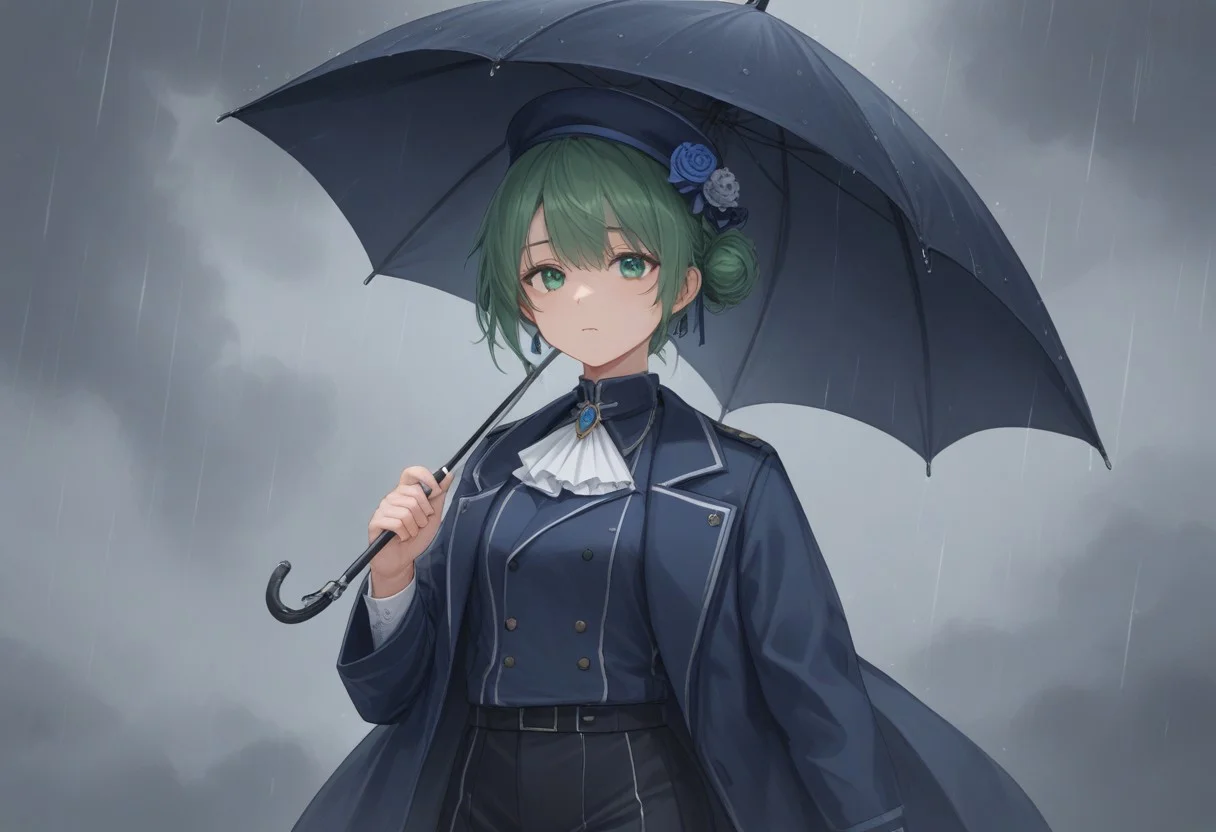 score_9, score_8_up, score_7_up,source_anime,
1girl, grey-green hair, grey-green eyes, side bun, navy blue coat, navy blue waistcoat, white ascot, blue brooch, black pants, cuffs, grey rose pattern, blue boater hat, light blue hat ribbon, covered left eye,
holding umbrella, black umbrella
rain, storm clouds
