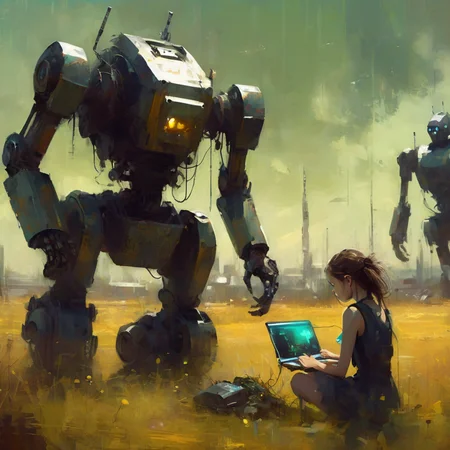 artmix02 girls working in the field with futuristic big robots in the background <lora:artmix02:1>