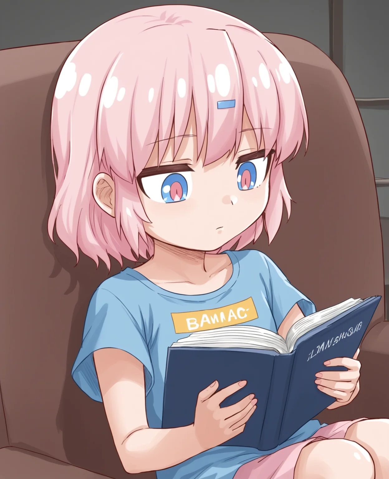<lora:Bianca:1>, 1girl, bianca, pink hair, shord hair, indoor, child, reading
