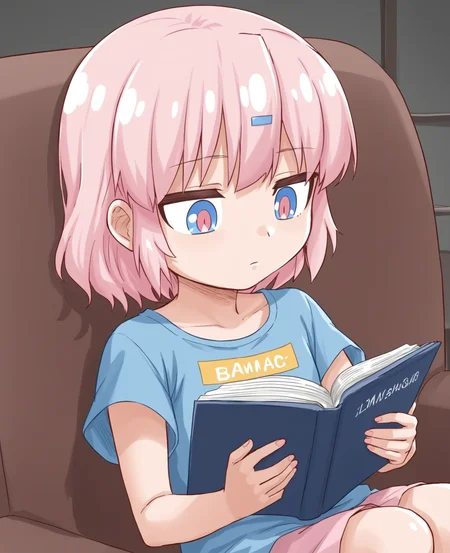 <lora:Bianca:1>, 1girl, bianca, pink hair, shord hair, indoor, child, reading