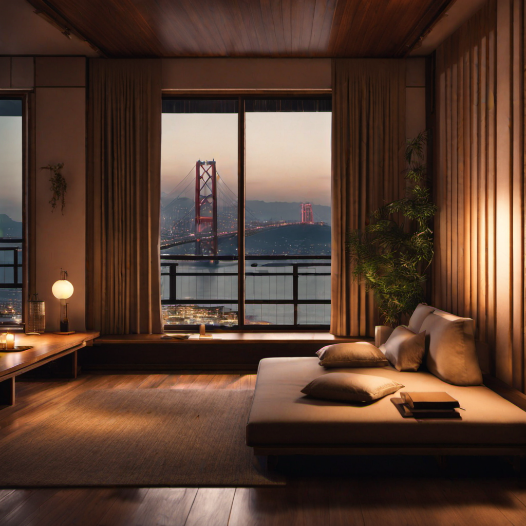 rishi,living room,HDR,UHD,8K,best quality,(realistic:2.0),masterpiece,Highly detailed, <lora:rishi-000012:0.7>,moody  lighting,cinematic,tatami,curtains,pillow_hug,safa, Akashi_Kaikyo_Bridge out of window,