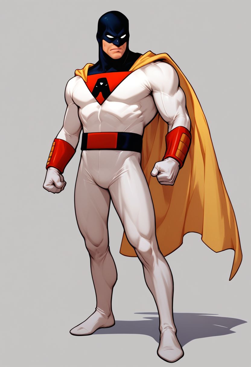 score_7_up, score_8_up, score_9_up, space_ghost, male focus, superhero, 1boy, solo, cape, white bodysuit, bodysuit, muscular, clenched hands, full body, standing, simple background
