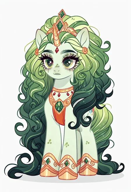 score_9, score_8_up, score_7_up, score_6_up, score_5_up, score_4_up, show accurate, full body, simple background, feral pony, female pony, adorable appearance, original character, unicorn, beautiful look, dark blue-green body, delicate Eden Dancer mane, dark mint green tail, pale green accents, detailed face, flowing hair with highlights, captivating eyes