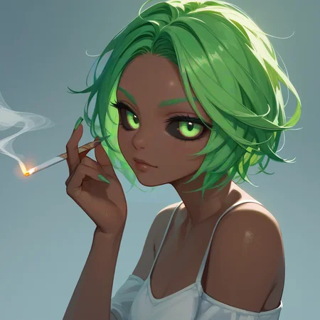 score_9, score_8_up, score_7_up, PDXL, <lora:ProfPic-000001:1>, pr0fpic, portrait,
1girl, cute face, detailed eyes, black sclera, green eyes, green hair, dark skin, looking at the viewer, smoking a cigarette
