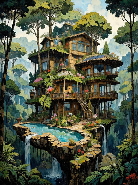 Tropical treehouse mansion, seamlessly integrated into a vibrant jungle canopy. Intricate bamboo and sustainable wood architecture, expansive living walls draped with exotic orchids and bromeliads. Multi-tiered structure with open-air platforms, glass-bottomed walkways suspended between ancient trees. Natural swimming pools fed by cascading waterfalls, surrounded by lush ferns and tropical flowers. Panoramic floor-to-ceiling windows framing breathtaking rainforest vistas. Solar panels disguised as leaves, harmoniously blending with the verdant environment. Soft, diffused natural light filtering through the dense foliage. 8K resolution, photorealistic rendering, masterpiece quality, hyper-detailed textures <lora:Comic book opus 3:0.5> <lora:Memadukan_Brush_Strokes_of_Fineart:0.9> <lora:style_of_Norman_Ackroyd_FLUX_100:1.0> <lora:Comic book V2:0.6> <lora:flux_dev:1>