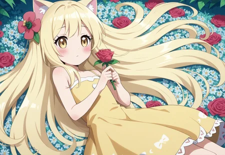 safe_pos, 1 girl, flat chested, no bust, score 9, score 8 high, cute, kawaii, blushing, blonde hair (pink ombre), long hair, bright golden eyes, aesthetic, uwu, shy, pastel colors, hair flower, cat ears, dynamic angle, , side view,
golden dress, lying, lying in flowers, very colorful, holding a rose in her hands