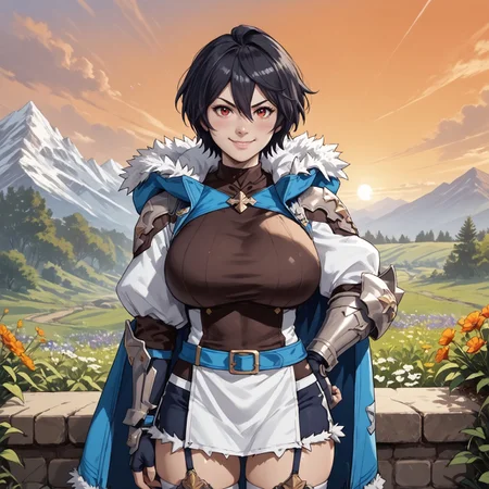 safe_pos, safe_pos, safe_pos, safe_pos, safe_pos, safe_pos, score_9, score_8_up, score_8, score_7_up, score_7, ExpressiveH, breast focus
BREAK
1girl, solo, Celliera, short hair, black hair, ahoge, hair between eyes, red eyes, defaultcelliera, fur trim, blue cape, cloack, armor, black clothes, thighhighs, huge breasts, broad hips, looking at viewer, head tilt, seductive look, aroused, horny, standing, oiled skin, hand in hips, looking at viewer, lips parted, blushing, mischievous smile
BREAK
Garden, sunset, orange sky, purple sky, mountainous horizon