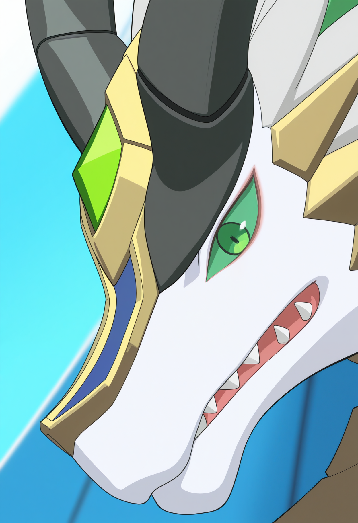masterpiece,best quality,amazing quality, 1boy, solo, g4rg4ntu4, dragon, white fur, helmet, green horn, black horns, colored sclera, green eyes, close up, side angle,