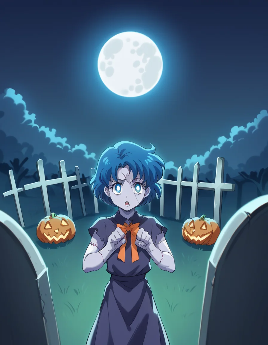 score_9, score_8_up, score_7_up, source_anime, <lora:ami-mizuno-eternal-movie1-ponyxl-lora-nochekaiser:1>, ami mizuno, blue eyes, blue hair, short hair, parted bangs,, <lora:zombie-ponyxl-lora-nochekaiser:1>, zombie, colored skin, stitches, grey skin, multicolored skin, stitched face, zombie pose, halloween, halloween costume,, night, moon, graveyard, tombstone, grave, open mouth,, looking at viewer