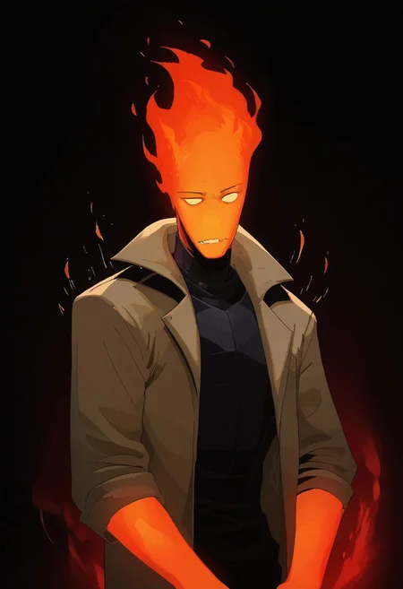 score_9, score_8_up, score_7_up, from below, sexy, (solo), male, white jacket, Head made of black-fire, void fire, Grillby's, headless, faceless, void creature, grillby_(undertale), high detail, sexy male, Made of fire, Firehuman,