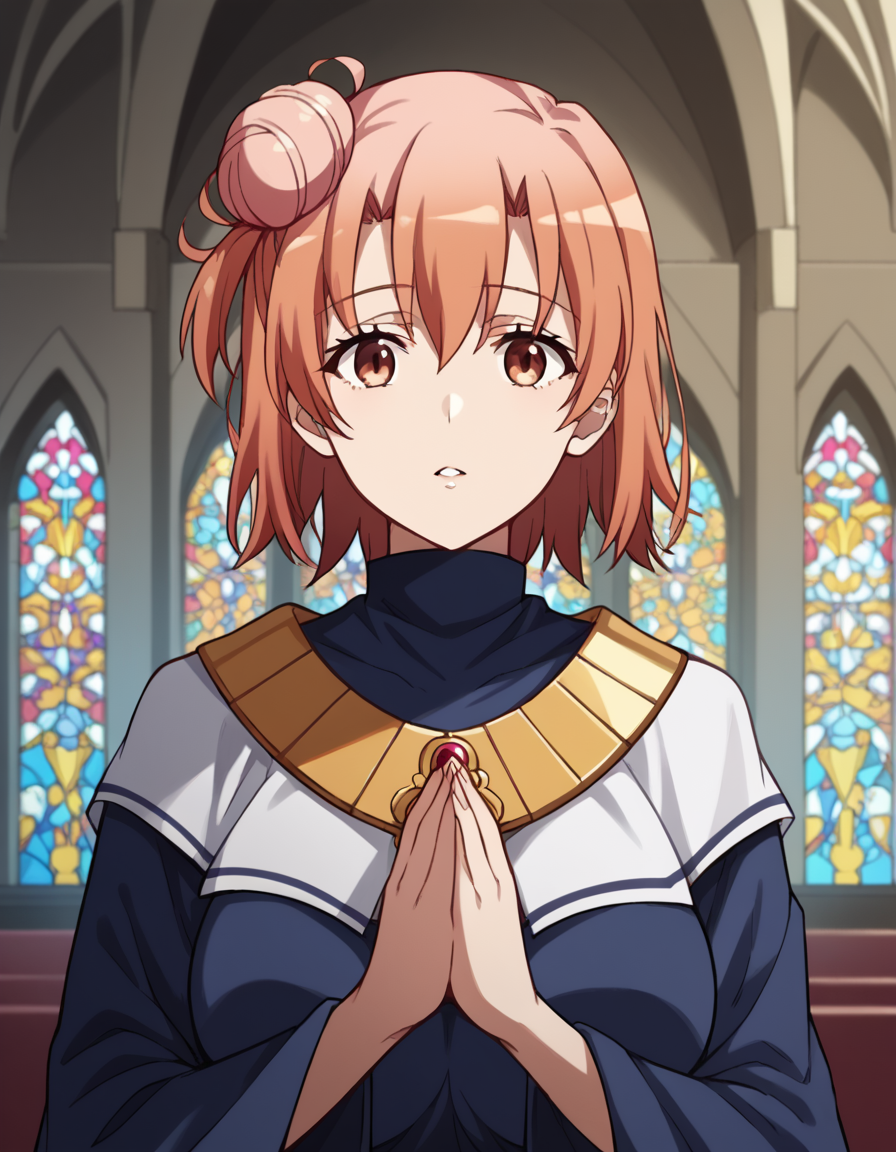 score_9, score_8_up, score_7_up, source_anime, <lora:yui-yuigahama-s2s3-ponyxl-lora-nochekaiser:1>, yui yuigahama, short hair, brown eyes, orange hair, hair bun, single hair bun, large breasts,, <lora:buddhist-nun-ponyxl-lora-nochekaiser:1>, buddhist nun, nun, habit, vitakra mudra, mudra, coif, gold necklace, priestess,, church, parted lips, praying,, cowboy shot