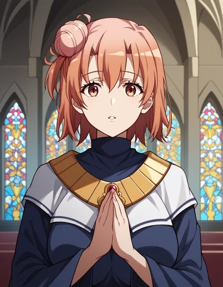 score_9, score_8_up, score_7_up, source_anime, <lora:yui-yuigahama-s2s3-ponyxl-lora-nochekaiser:1>, yui yuigahama, short hair, brown eyes, orange hair, hair bun, single hair bun, large breasts,, <lora:buddhist-nun-ponyxl-lora-nochekaiser:1>, buddhist nun, nun, habit, vitakra mudra, mudra, coif, gold necklace, priestess,, church, parted lips, praying,, cowboy shot