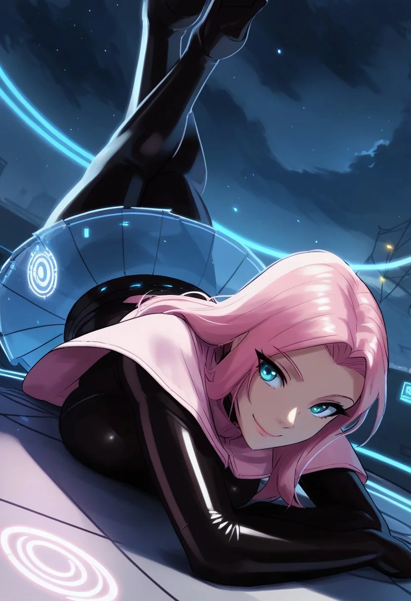 score_9, score_8_up, score_7_up, score_6_up, score_5_up, score_4_up, 1girl, solo, black latex bodysuit, large breasts, sci-fi, [lying forwards], lying on stomach, (floating), crossed arms, legs up, crossed legs, top-down, bottom-up, head down, legs suspended, smile, closed mouth, eyes half open, florescent lights, headshot, low angle shot, [[[[[high heels]]]]], 
BREAK,
(pink capelet), pink hair, long hair,
BREAK,
Hologram skirt, blue skirt, transparent skirt