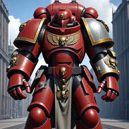 Score_9_up, absurdres, Source: GamesWorkshop, best quality, expressive eyes, perfect face, perfect hands, perfect anatomy, space marine, Deathwatch Astartes Chapter sergeant with large power fists, red astartes helmet, power armor, full body, volumetric lighting project unreal engine, mantisdetailerse, adddetails, DeathW40k, <lora:warhammerAdeptus_v1:0.7>,