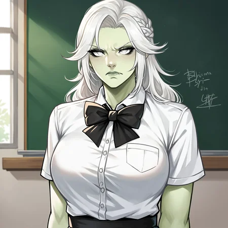 score_9, score_8_up, score_7_up, score_6_up, score_5_up, score_4_up, realistic, photo, source_anime, Roegadynffxiv, 1girl, cute, skirt, green skin, white hair, silver eyes, arms behind back, large breasts, shirt, white shirt, bowtie, pout, pouty lips, rolling eyes, toned, cowboy shot, school uniform, classroom, white thighhighs, <lora:RoegadynFFXIVPonyV1-02:1>