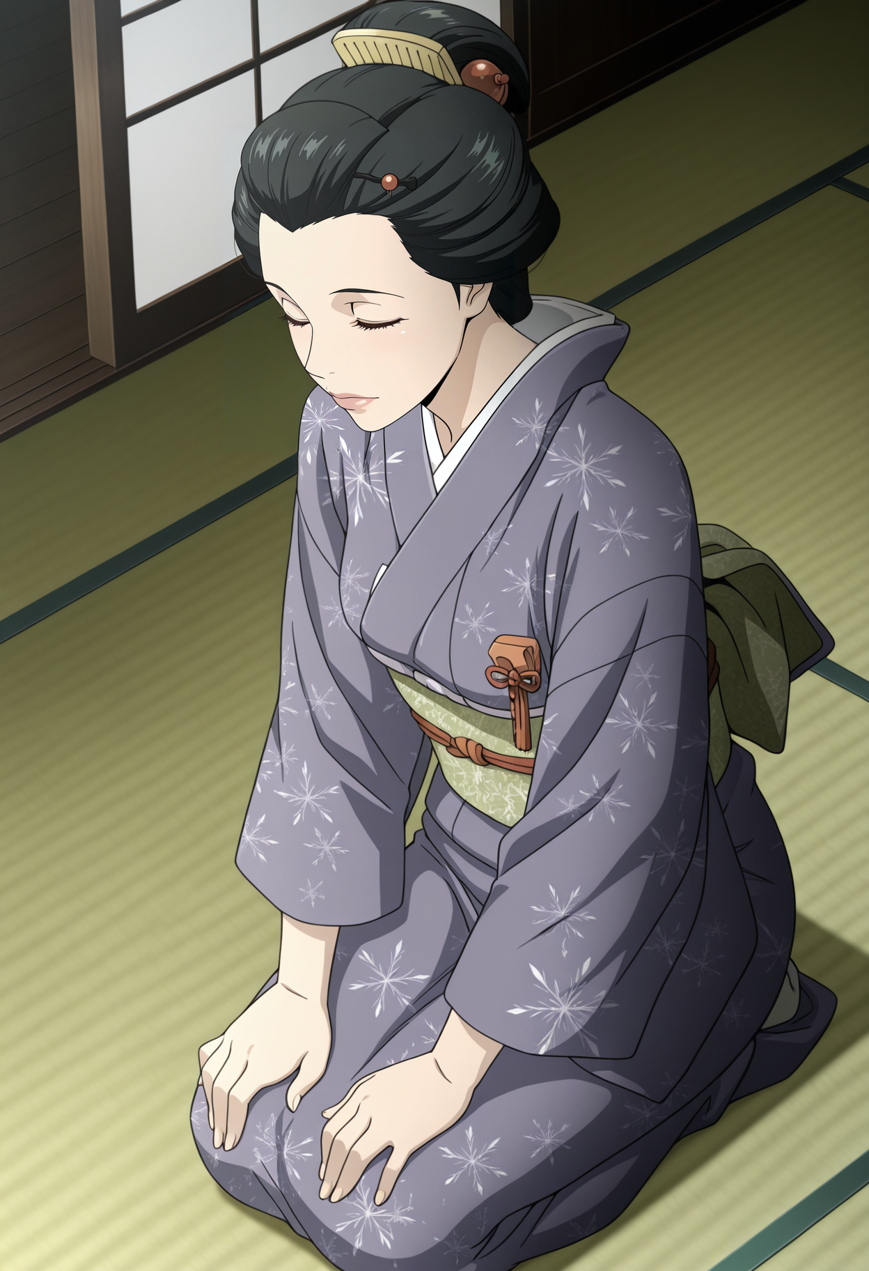 1girl,solo,mm,mature female,black hair,brown eyes,hair ornament,lips,anime coloring,
kimono,obi,sash,seiza, closed eyes, hands on own knees, tatami, 
,masterpiece,best quality,amazing quality,<lora:Hisae_Hasegawa-Onihei:0.8>