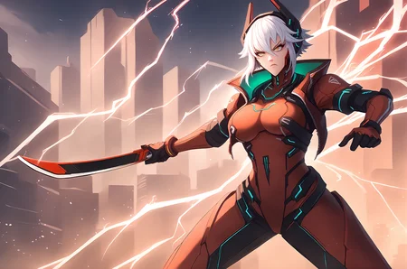 score_9,
<lora:leaguesplash_v1_pruned:0.95>,
<lora:zentreya_v1_pruned:1>, zentreya, zencyber, red bodysuit, white hair,
standing, cowboy shot, city, science fiction, night, dark, neon, sword, katana, action pose, determined, electricity,
high resolution, Masterpiece
