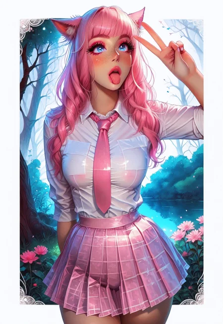 safe_pos, score_9,score_8_up,score_7_up,score_6_up, Goth girl 1girl, Goth girl, miqo'te, FemmeMiq, cat girl, cat ears, animal ears, animal ear fluff, ((woman with long pastel pink hair)), voluptuous hair in two pony tails over shoulders, bangs, freckles, cleavage, bold makeup, pink lips, pastel pink eyeshadow, long eyelashes, pink eyeliner, pink eye shadow, pink blush, ((large expressive blue eyes)), hourglass figure, medium breast, perky breast, perfect round ass, long eyelashes, dark pupils, high contrast shadows, high res image, masterpiece, dynamic shot, <lora:Expressive_H:0.65>, <lora:incase-ilff-v3-4:0.5> <lora:g0th1cPXL:0.45>, <lora:princess_pony_v1:0.1> <lora:Branwen_QBR:0.7>, high gradient eyes, eyesHD, dynamic pose, dynamic, detailed eyes, high definition eyes, amazing quality, wallpaper, egirlthot, fairytale forest, ambient lightning, flowers of all kinds, magical atmosphere, Fantasy, hud_schgrl, white collared shirt, ((pink loose necktie)), ((pink pleated skirt)), open mouth, tongue out, peace sign
