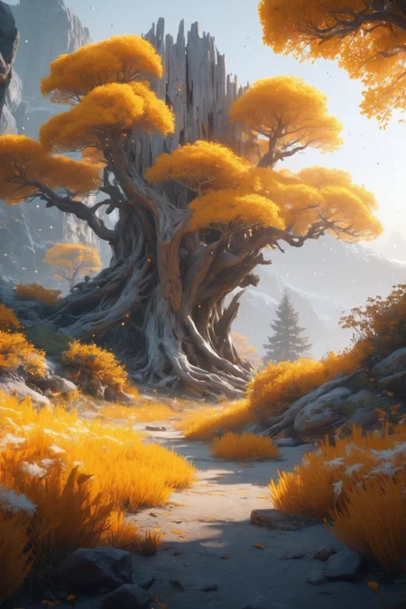 masterpiece, overgrown brutalism, Driftwood Gray glow, glowing trees, Turmeric flowers, (Diamond Frost), breathtaking landscape, breathtaking view, warm lighting, concept art, trending on artstation, 4K UHD image, octane render, by Ross Tran + Greg Rutkowski, Ceball M, Dean, Hildebrandt, Pieter Claesmer <lora:Overgrown_Brutalism_SDXL:.8>