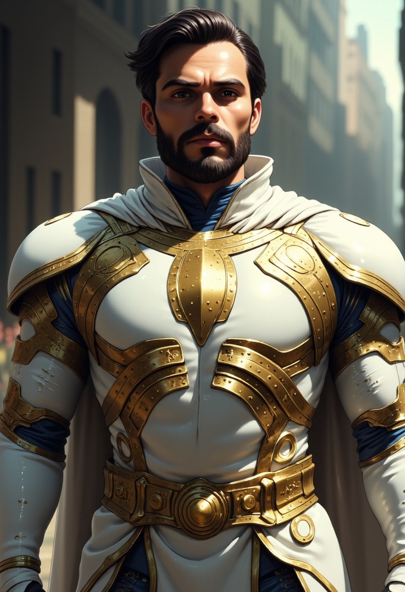 Realistic sci-fi cinematic scenes. The Clark Kent Supperman in metallic armor. White and golden. The white cloak, the S emblem on chest, (Ultra-realistic, 32k, Masterpiece, High Quality, Detailed Realistic Background, Official Art, Realistic Lighting, filmfotos, film grain, reversal film photography)