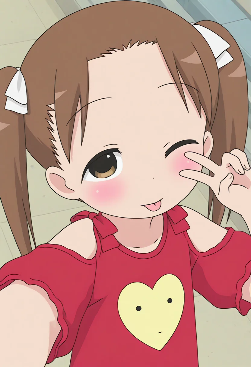 <lora:matsuokamiu_sugarp@ssy-03:1> <lora:dmd2_sdxl_4step_lora:0.5> 1girl, matsuoka miu, solo, anime coloring, brown hair, brown eyes, short twintails, white ribbon, blush, looking at viewer, child, red shirt, one eye closed, tongue out, v sign, shoulder cutout, heart print, selfie, masterpiece, best quality, amazing quality, very aesthetic, absurdres, volumetric lighting, scenery, highres