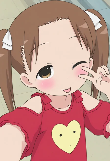 <lora:matsuokamiu_sugarp@ssy-03:1> <lora:dmd2_sdxl_4step_lora:0.5> 1girl, matsuoka miu, solo, anime coloring, brown hair, brown eyes, short twintails, white ribbon, blush, looking at viewer, child, red shirt, one eye closed, tongue out, v sign, shoulder cutout, heart print, selfie, masterpiece, best quality, amazing quality, very aesthetic, absurdres, volumetric lighting, scenery, highres