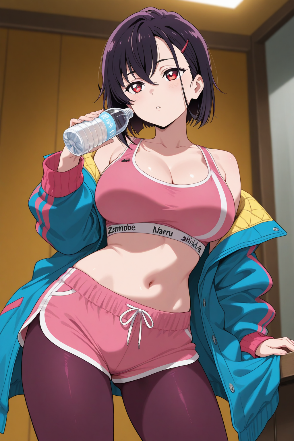 1girl, mikazuki shizuka, zom 100: zombie ni naru made ni shitai 100 no koto, black hair, blue coat, bottle, breasts, cleavage, coat, contrapposto, crop top, large breasts, midriff, multicolored coat, navel, pantyhose, pantyhose under shorts, pink shorts, pink sports bra, red eyes, short hair, shorts, solo, sports bra, standing, masterpiece, best quality, absurdres